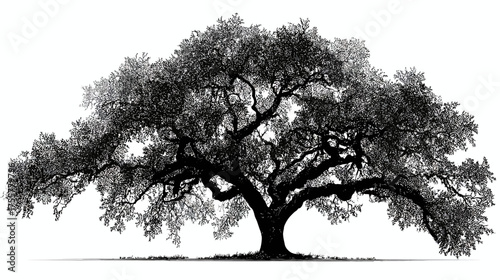 A large, old oak tree rendered in a detailed, silhouetted black and white illustration