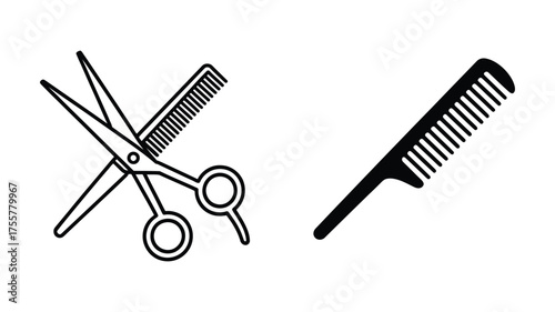 Vector art of hairdressing equipment icon set scissors and comb in two styles barber shop, beauty salon, hairdresser, hair stylist concept