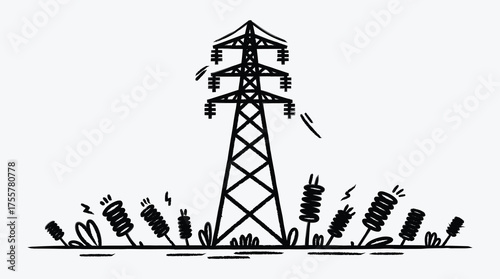 Illustration of an electric power transmission tower with stylized surrounding vegetation