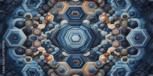 A background texture featuring a hexagonal pattern made of denim. The pattern is a complex and visually interesting design.