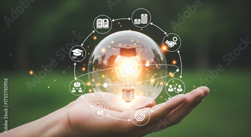 Nurturing bright ideas and growth with a glowing lightbulb, graduation cap, and business icons connecting in a person's open palm