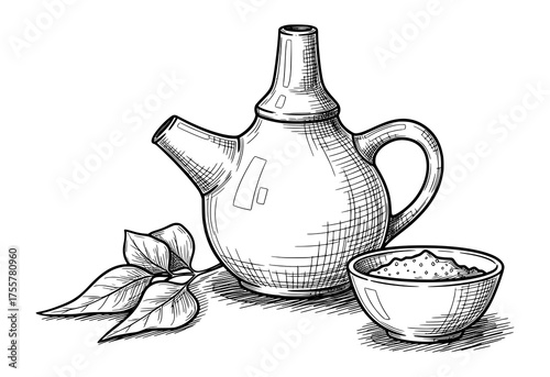Neti Pot with Salt and Mint in Engraving Style. Vector Illustration for Holistic Wellness.