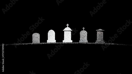 Row of gravestones with crosses, starkly silhouetted against a black background