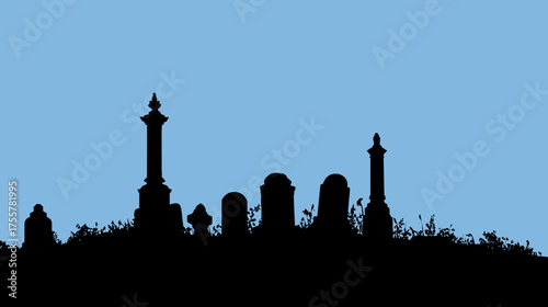 Silhouette of tombstones and monuments against a pale blue sky