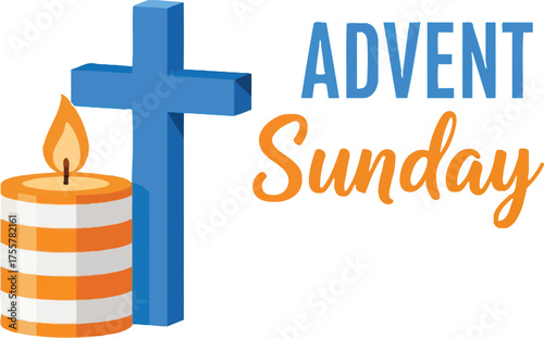 Advent Sunday Graphic with Blue Christian Cross and Lit Candle Vector
