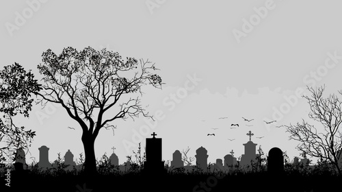 Silhouette cemetery scene with barren trees, crosses, and birds in the sky