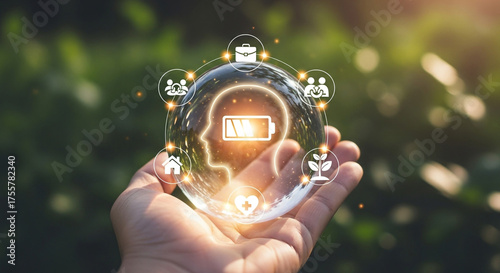 Empowering holistic well-being, a hand cradles a glowing head icon with a full battery, surrounded by symbols of career, community, home, health, and nature.