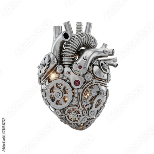 Astonishing mechanical heart sculpture with intricate gears and ruby accents, symbolizing innovation, life force, and complex systems
