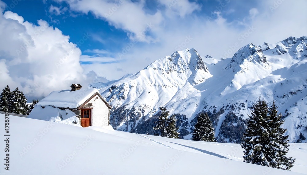 Fototapeta premium Snowy, white cabin on a hill, backed by imposing, snow-capped mountain range under a clear blue sky with white clouds