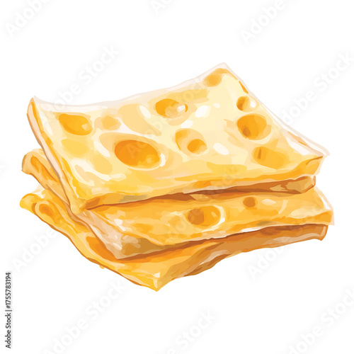 Stack of Thin Sliced Swiss Cheese with Holes on White watercolor illutrastion transparent background