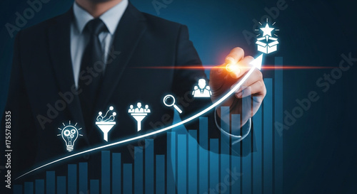 Professional businessman charts growth and success with innovative business concepts on a digital interface, symbolizing achievement and progress.
