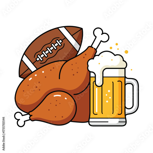 Thanksgiving feast illustration featuring a football, roasted turkey, and a mug of beer.