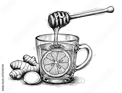 Vintage Engraving of Lemon Ginger Tea with Honey. Hand-Drawn Wellness Vector Illustration for Natural Remedy Concept.