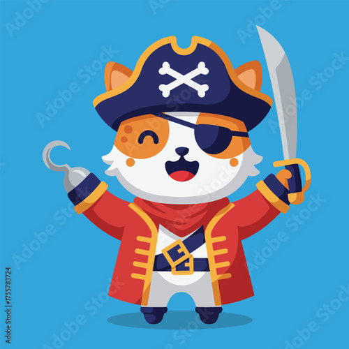 A cute cartoon cat dressed as a pirate, wearing a tricorn hat with skull and crossbones, an eye patch, a red coat, holding a hook and a sword, on a blue background.