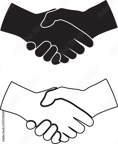 Vector art of two handshake icons, one black and one outline, symbolizing agreement and partnership silhouette art design