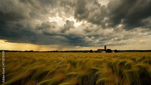 dramatic storm clouds over a lone farmhouse