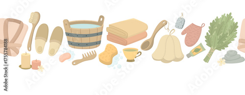 Sauna and spa seamless border isolated on white. Cute horizontal pattern with bathroom elements