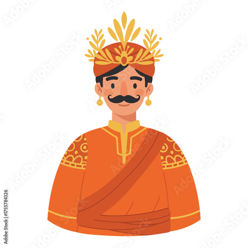 Portrait of an Indian King or Prince in Traditional Orange Attire and Headdress.