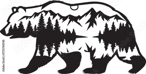 double exposure silhouette of a walking bear filled with a scenic mountain landscape