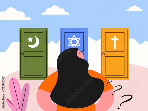 Young woman choosing religion to believe or to study. Symbols of religions- islam, judaism, christianity. Vector illustration