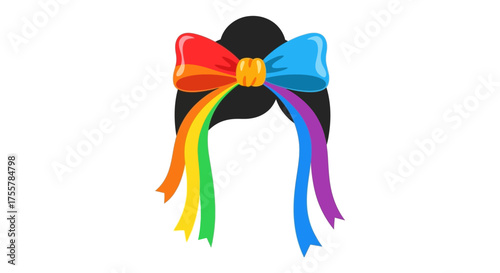 Rainbow Pride Bow on Black Hair Silhouette Colorful Ribbons.