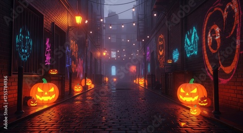 Pixel Art Halloween Alleyway with Jack O Lanterns and String Lights