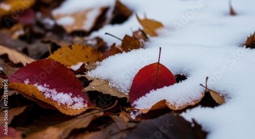 Red and Brown Autumn Leaves Covering Snowy Ground in Forest Scene