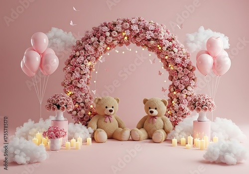 Teddy Bears Under Pink Rose Wedding Arch. Generative Ai