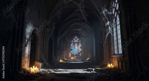 Wallpaper Mural Dimly Lit Stone Corridor with Stained Glass Windows and Flickering Candles Medieval Ambience Torontodigital.ca