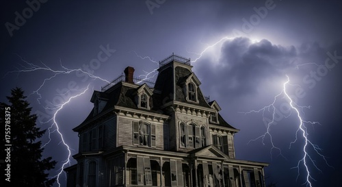 Majestic Victorian House Silhouetted Against a Dramatic Lightning Storm in Twilight