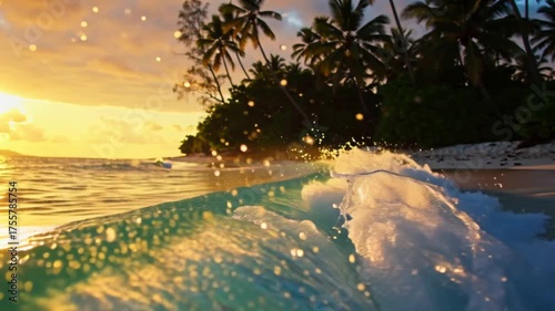waves crashing on a tropical beach at sunset