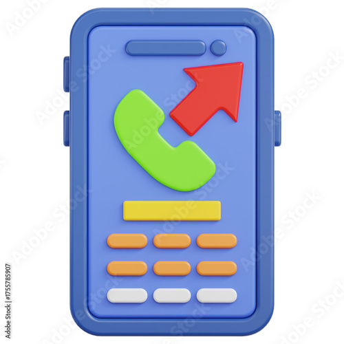 Blue 3D Smartphone Displaying Green Phone Icon and Red Arrow Symbol Indicating Outgoing Call on Transparent Background