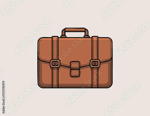 A brown briefcase with straps buckle handle and black stitching on a light gray background