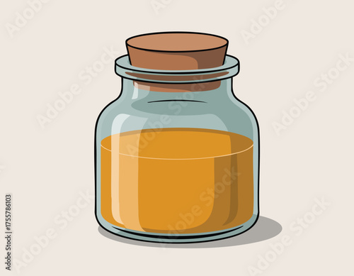 A cartoonstyle jar filled with liquid sealed with a cork stopper against a plain backdrop
