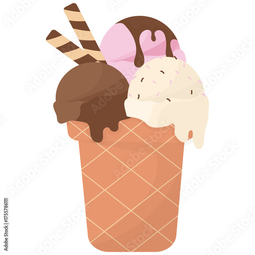 A Delightful Ice Cream Cone Featuring Three Scoops of Chocolate Strawberry and Vanilla Flavors Topped with Chocolate Drizzle and Wafer Sticks on a Transparent Background