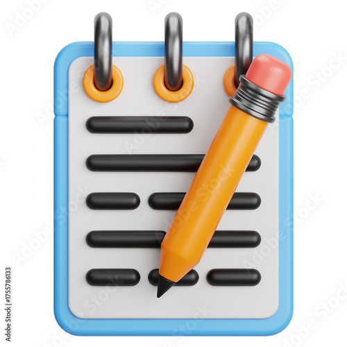 A Blue Spiral Notebook With Lines Of Text And An Orange Pencil Writing On A White Transparent Background Simple 3D Illustration