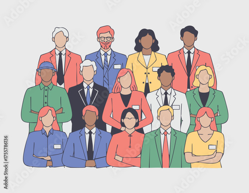 A group of diverse individuals stand with arms crossed arranged in three rows wearing various professional attire against a gray backdrop