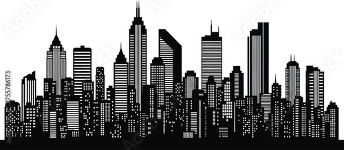 Detailed black silhouette of a city skyline isolated on white background, showcasing modern architecture and urban landscape in a sleek design