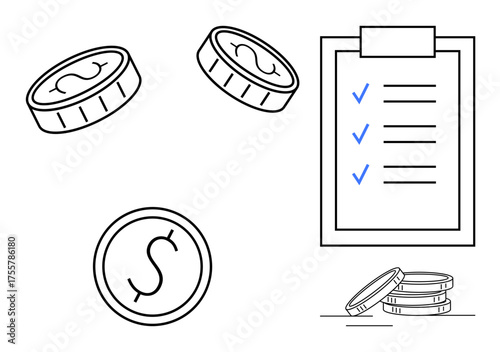 Coins in motion and on the ground, accompanied by a checklist with blue check marks. Ideal for finance, budgeting, saving, planning, goals, priorities accounting. Simple flat metaphor