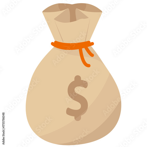 A simple illustration of a tan fabric money bag tied with an orange string showing a dollar sign on a transparent background representing wealth and savings