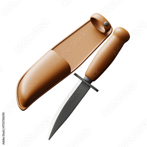 A Realistic 3D Render Of A Sharp Steel Knife With A Brown Leather Sheath And A Smooth Wooden Handle On A Transparent Background