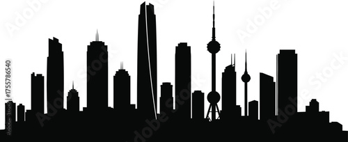 Striking silhouette of a city skyline isolated on white background, capturing the essence of urban life and architectural diversity in a simple form