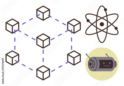 Connected cubes forming a blockchain network, atomic structure, and chatbot head. Ideal for blockchain, technology, AI, data science, innovation connectivity education. Simple flat metaphor