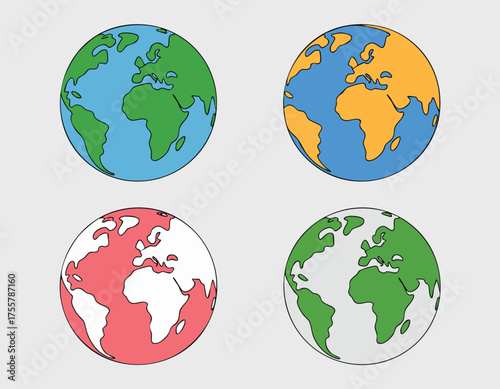 Four world globes show varying land and sea color schemes on a gray background