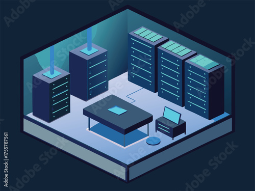 Modern isometric server room with glowing lights and network cables digital illustration
