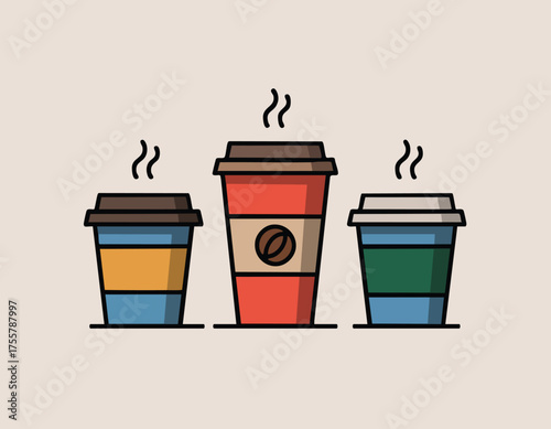 Three colorful togo coffee cups with steam simple cartoon style aligned