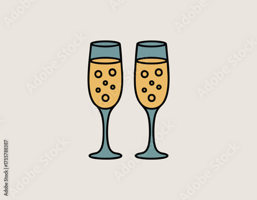 Two champagne flutes filled with bubbly liquid and bubbles on a neutral background