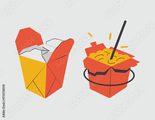 Two takeout containers one open and empty the other full of noodles with a chopstick