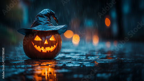 Glowing Pumpkin with Witch Hat – Spooky Rainy Halloween Night