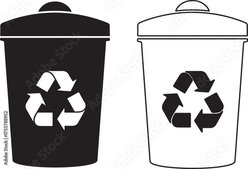 Vector art of two recycling bins, one black and one white, with recycling symbols on them silhouette art design